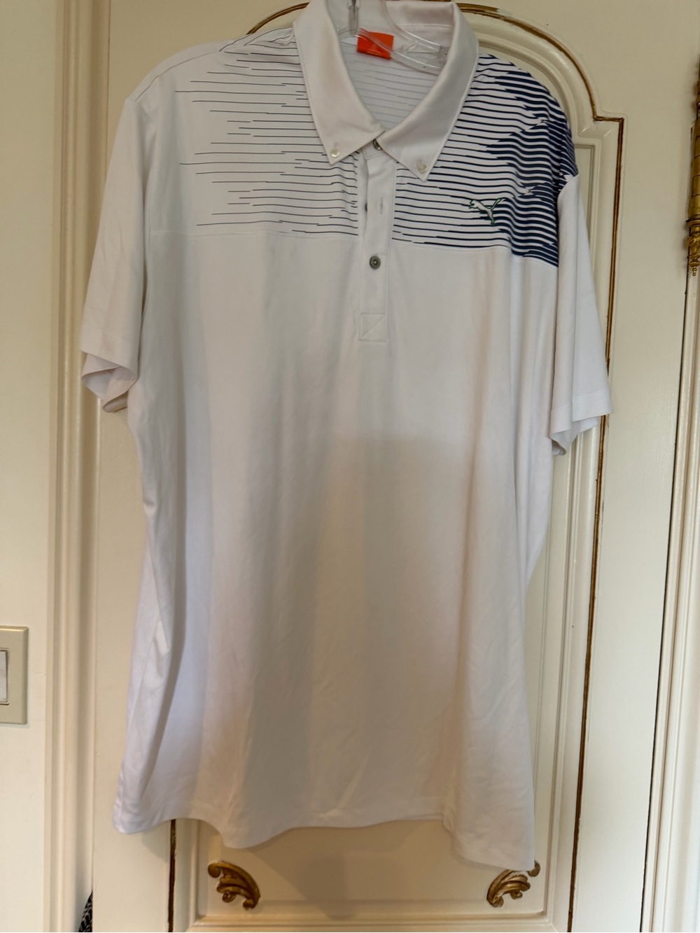 Men's Puma White Polo Shirt with Navy Stripe Accent
